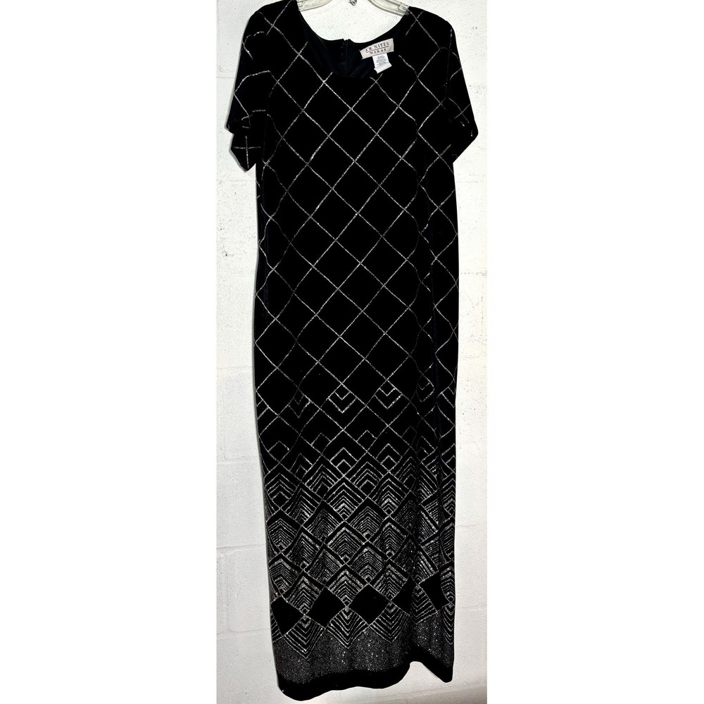Vtg black velvet Women maxi dress 16W Silver geometric Boho  Art Deco Vibe